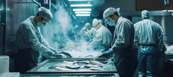 Рабочие работают на заводе по переработки рыбной продукции