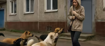 Собаки нападают на женщину