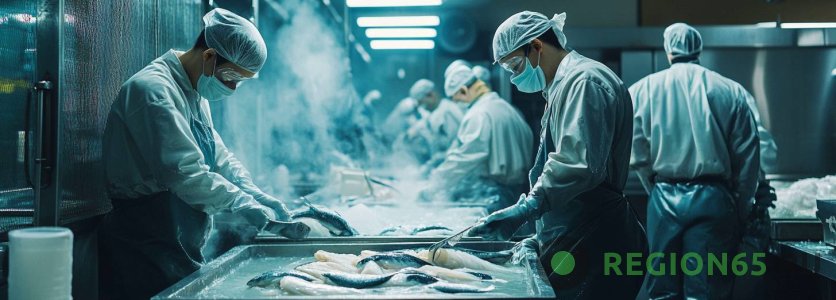 Рабочие работают на заводе по переработки рыбной продукции